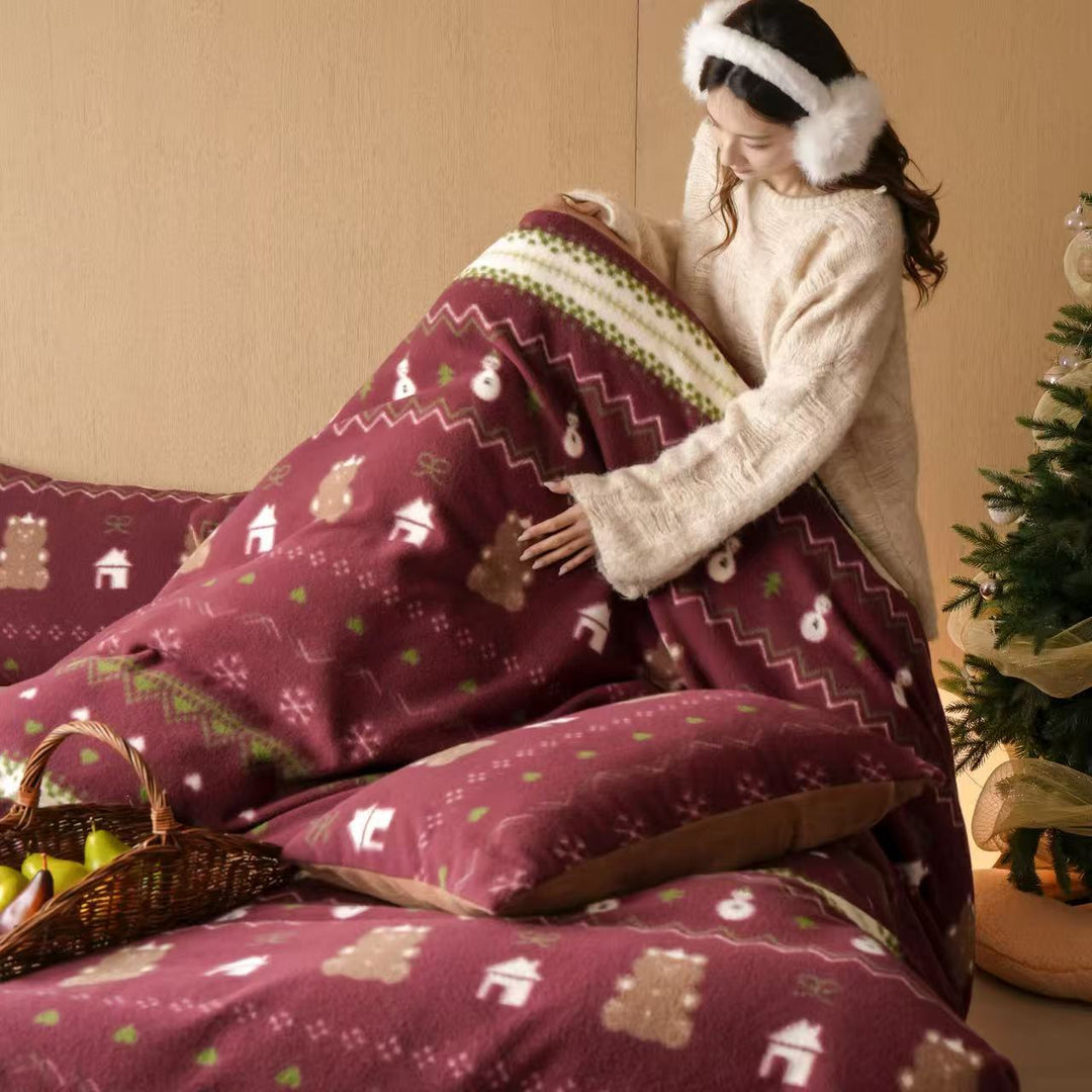 Mikrofaser-Fleece-Bettwäscheset mit Wendefunktion und winterlichem Norweger- & Schafmotiv