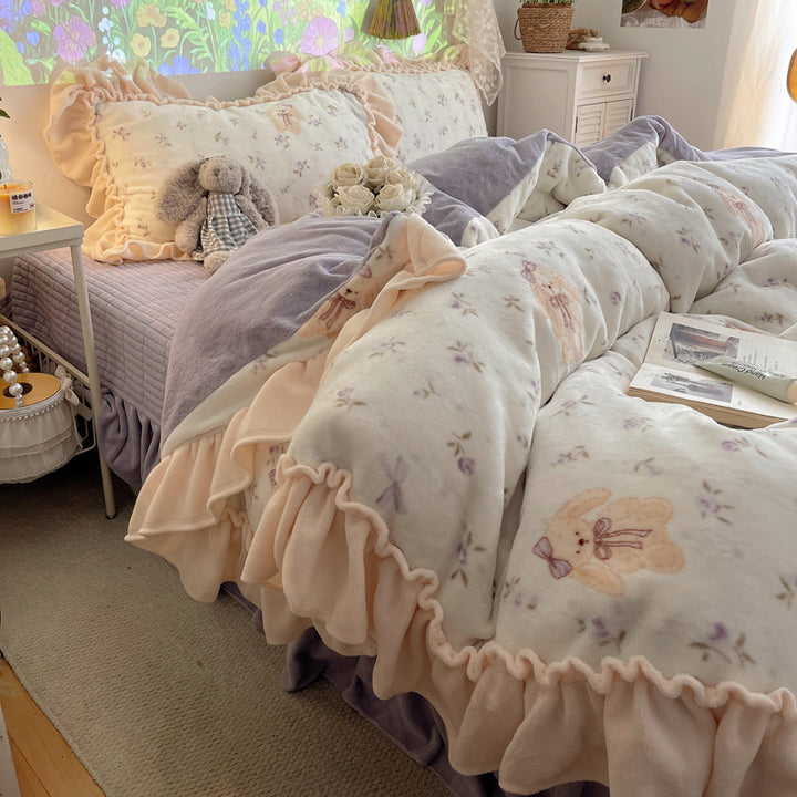 Rüsch-Plüsch Wendbare Bettwäsche Set mit Cartoon-Hase Druck und Flanell Kissenbezügen