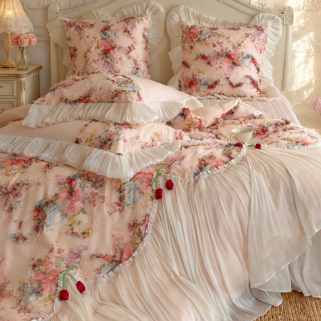 Romantisches Schichten Chiffon Plissierte Bettbezug Set mit Floralen Organza Rüsche und Kissenbezüge