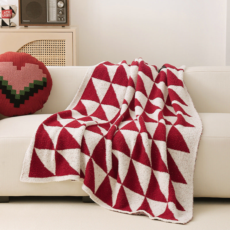 Große gemusterte Bouclé-Wohndecke mit geometrischem Blockmuster