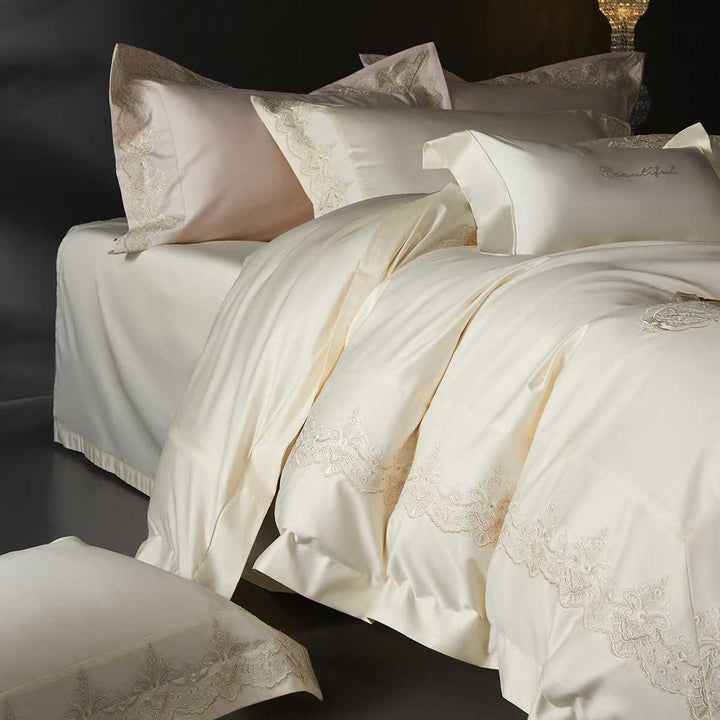 Luxuriöses Satin-Feel Besticktes Spitzenbesatz Bettwäsche Duvet Decken Set