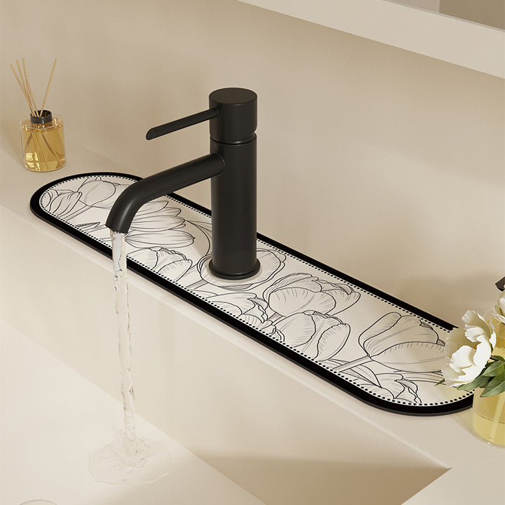 Decorative Semi-Circle Sink Splash Mat with Absorbent Silicone and Floral Sketch Print