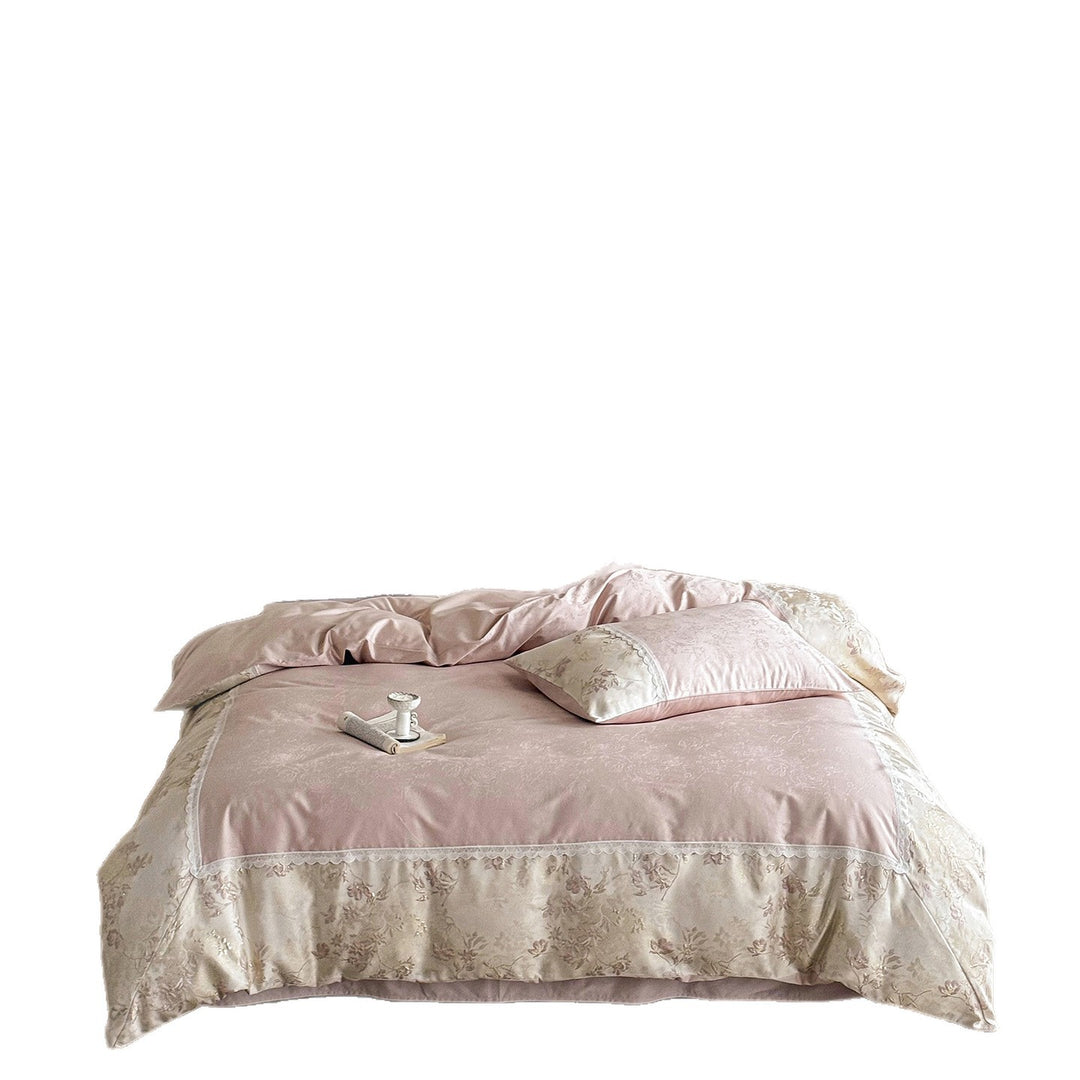 Florales Jacquard Satin Bettbezug Set mit Spitzenbesatz Kissenbezügen