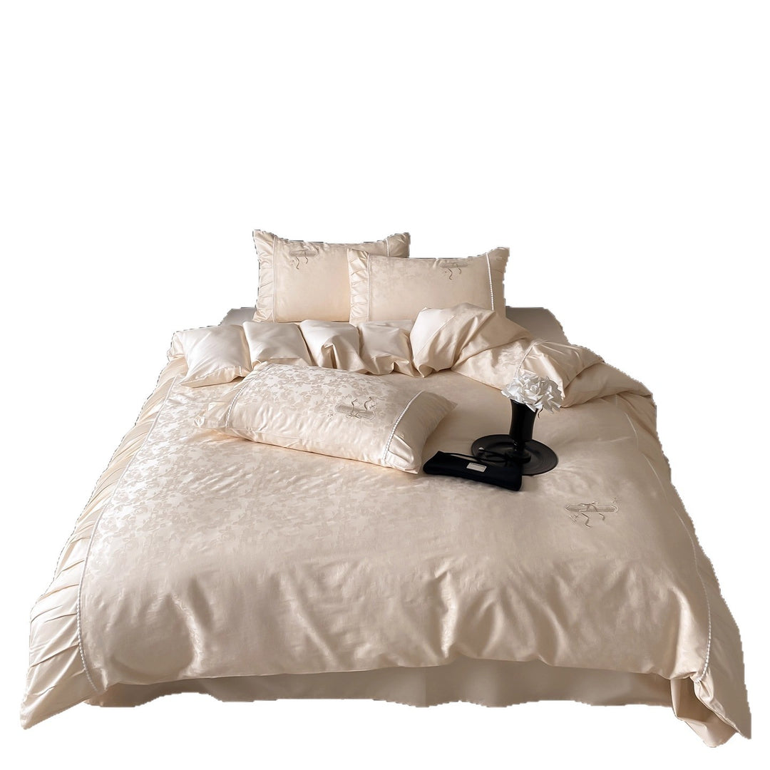 Luxuriöses Jacquard-Satin Rüschende Bettwäsche-Set mit bestickten Akzenten