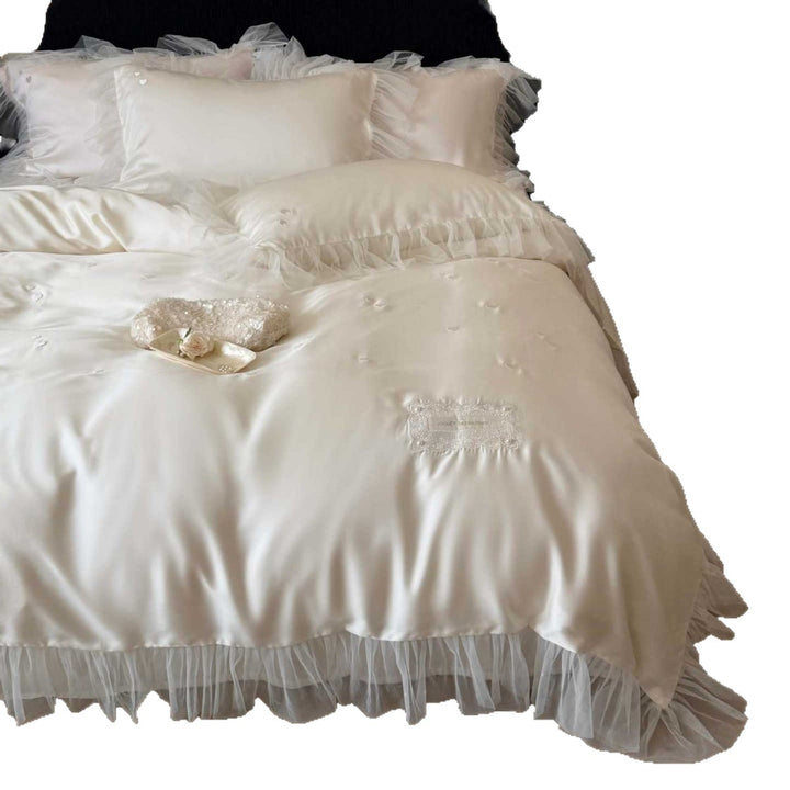 Satin Rüschentüllbesatz Knopfverschluss Bettbezug Set