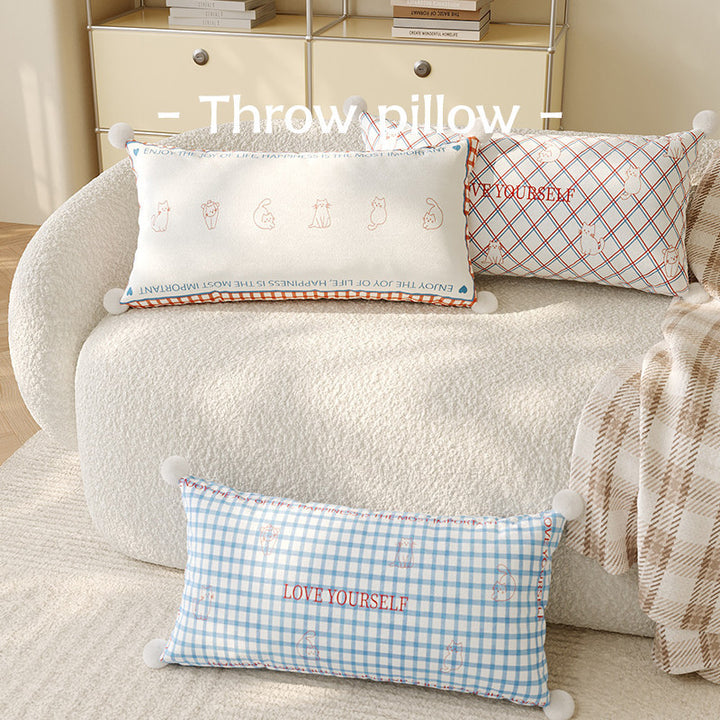 Rectangular Argyle-Pattern Lumbar Pillow Cover with Embroidered Slogan, Cat Motifs and Pom-Pom Corners