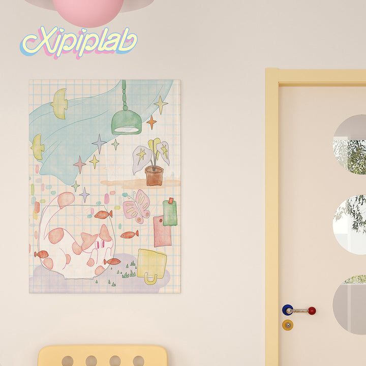 Pastel Grid Illustration Wall Tapestry for Kids Room Decor