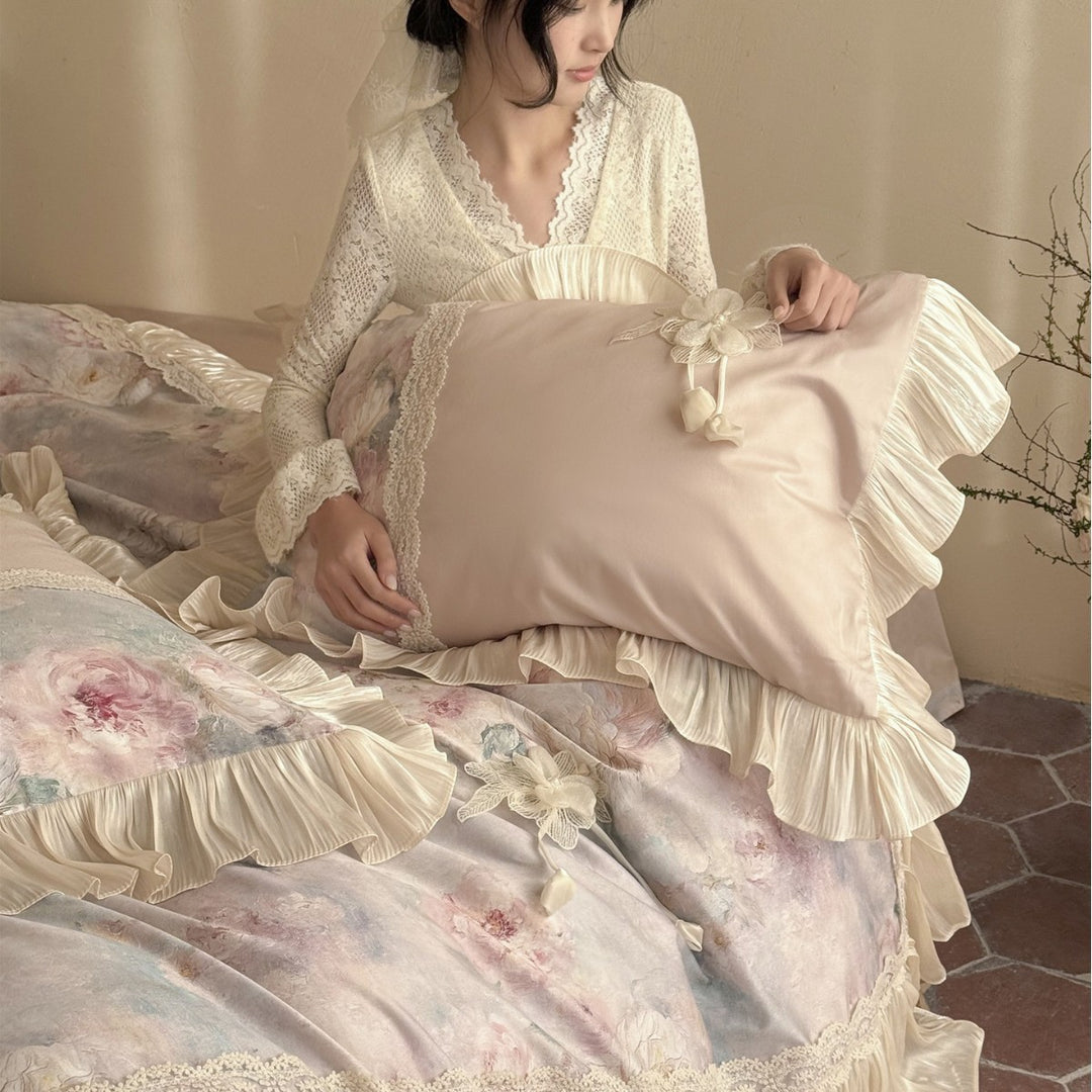 Romantisches Rüschendes Floral-Aquarell-Bettwäsche Set mit Spitzendetails und Satin-gefühl Kopfkissenbezügen