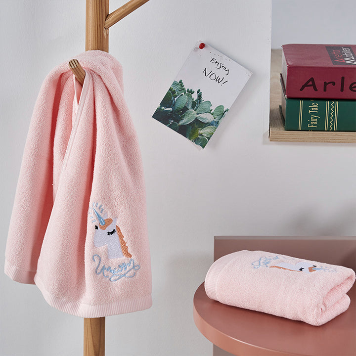 Embroidered Cotton Bath Towel with Unicorn Motif