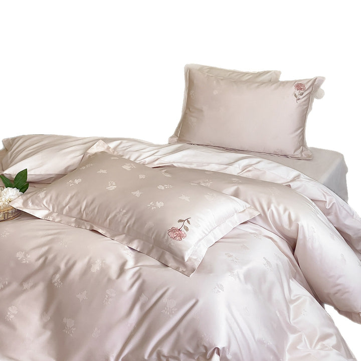Luxuriöses Baumwollsatin-Bettbezug-Set mit feiner Rosenstickerei und Jacquard-Relief