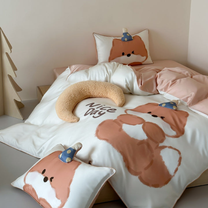 Kinder Fantasie Dinosaurier Satin Bettbezug mit Plüsch Halbmondkissen und geformten Kissenbezügen
