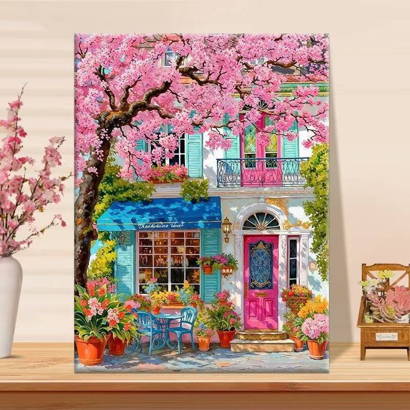 Vibrant Floral Café Landschaft Leinwand Kunst Karnz
