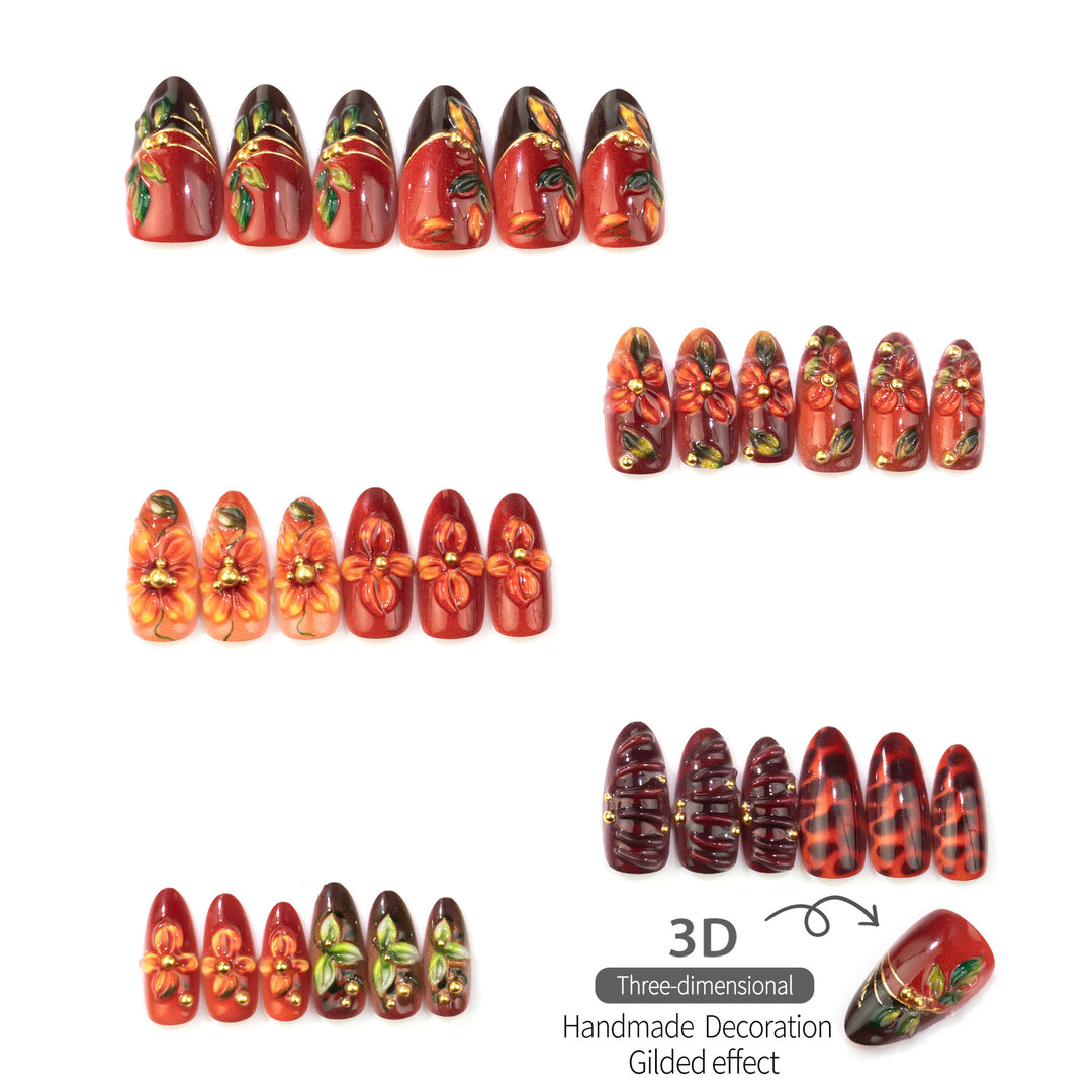 Floral-Beschmückte Press-On Nagelkunst Set