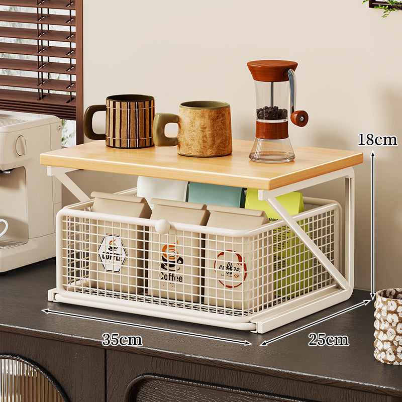 Küchenarbeitsplatte Kaffee Station Organizer mit Holzoberfläche und Metalldrahtkorb