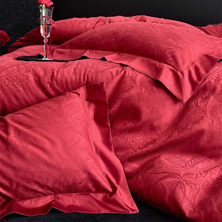 Jacquard-Bettwäsche-Garnitur aus Baumwollsatin mit dezentem Blumenrelief und Hotelverschluss Karnz