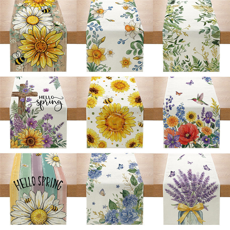 Dekorativer Baumwoll-Leinen Frühlings-Blumen Tischläufer mit rustikalem Holz-Querstück und Sonnenblumen-Druck
