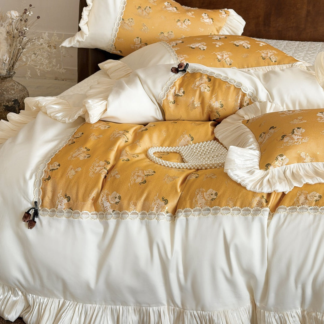 Rüschen Satin-Trim Quilt Bettbezug Set mit Spitzen-Einsätzen