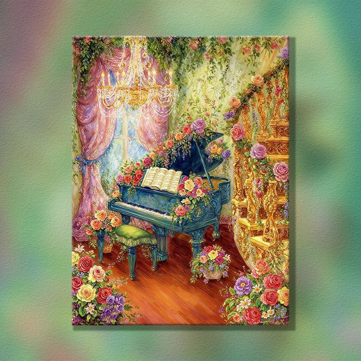 Elegante Blumen Klavier Szene Wandkunst Karnz