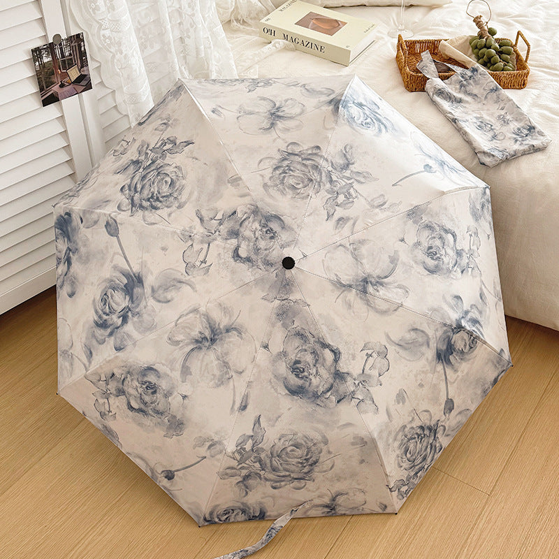 Damen Faltbarer Regenschirm mit floralen Motiven und Tragetasche Karnz