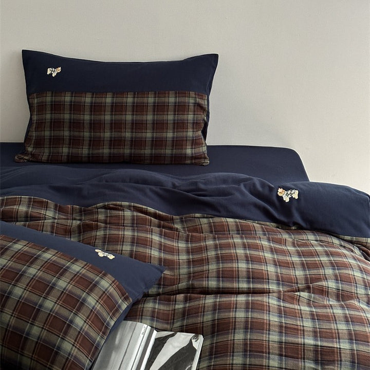 Pastell-gestreiftes Bettwäsche-Set aus Baumwoll-Leinen mit Regenbogenstickerei