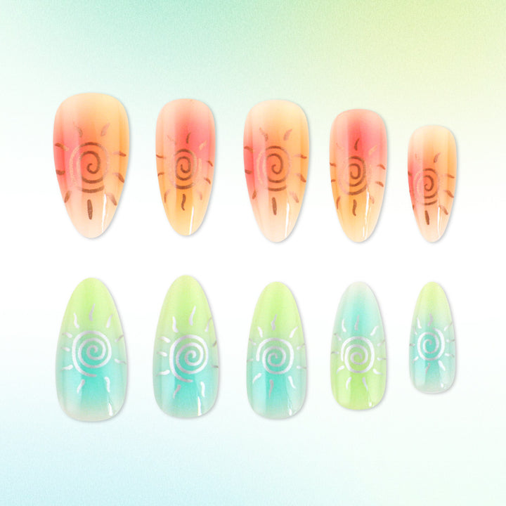 Künstlerisches Press-On-Nagelset mit Sonnendesigns Karnz