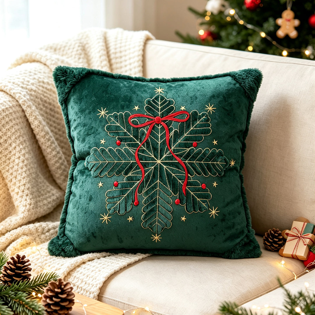 Luxuriös besticktes Samt Weihnachts-Wurfkissen mit Kunstfell-Fransen