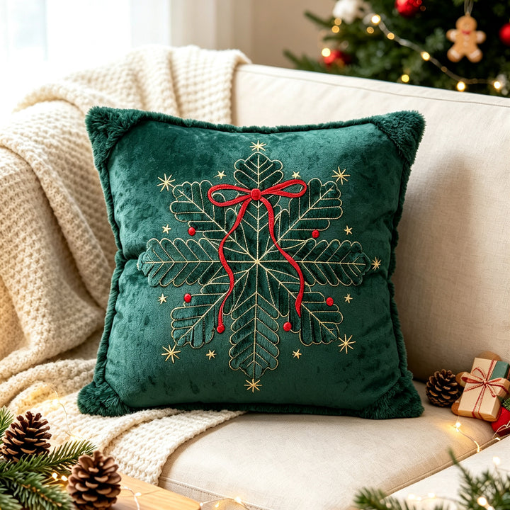 Luxuriös besticktes Samt Weihnachts-Wurfkissen mit Kunstfell-Fransen