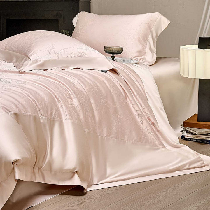 Seidiger Jacquard-Satin Bettbezug und Kissenbezug Set mit subtilem floralem Reliefgewebe
