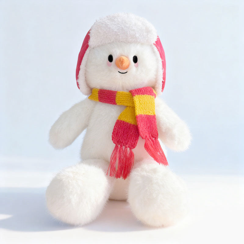 Plüsch Schneemann Sitzendes Kuscheltier mit Gestreiftem Gestricktem Schal & Kunstfell-Fliegermütze Karnz