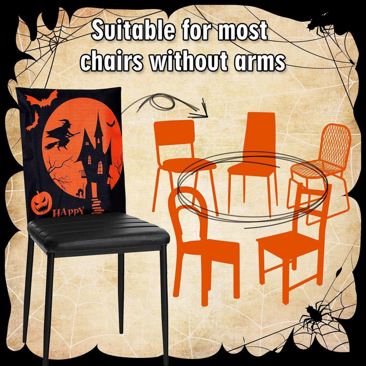 festliche Halloween-Stuhlhussen aus dehnbarem Polyester mit Hexenhut- und Schriftzug-Motiv