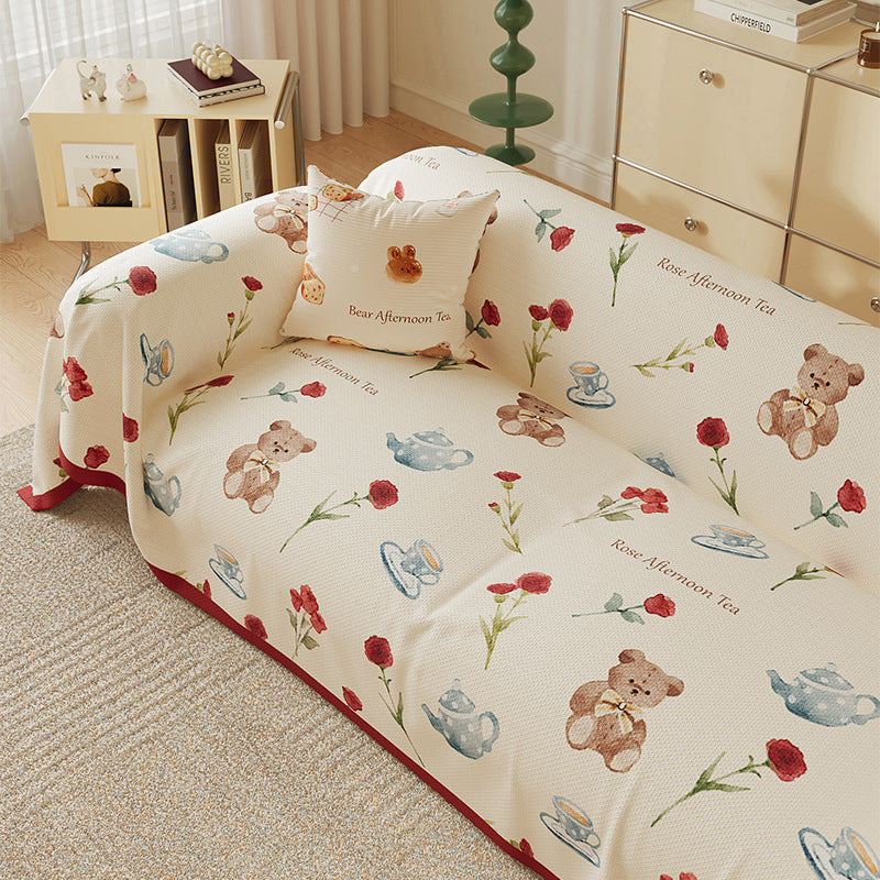Quilted Peach-Print Sofa Slipcover Throw with Textured Waffle Weave