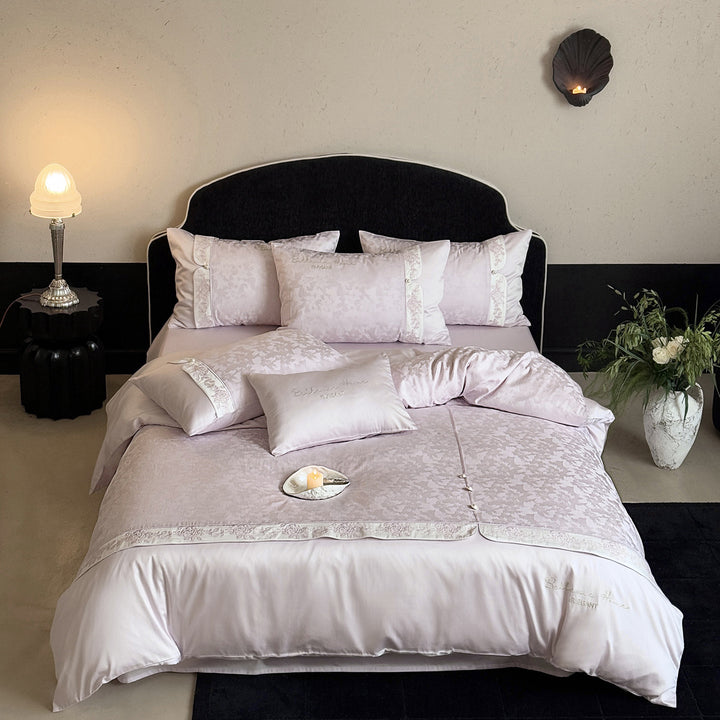 Romantisches Satin-Bettwäscheset mit besticktem Blumenmotiv, Volant und Kissenbezügen