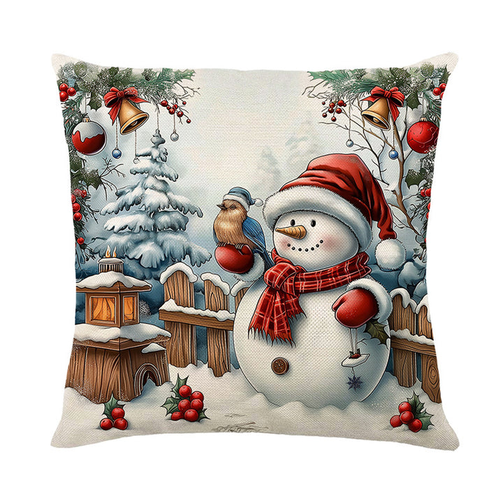 Urlaubsfestliche Leinenmischung Quadratische Kissenbezug mit Schneemann und Winterlandschaft Druck