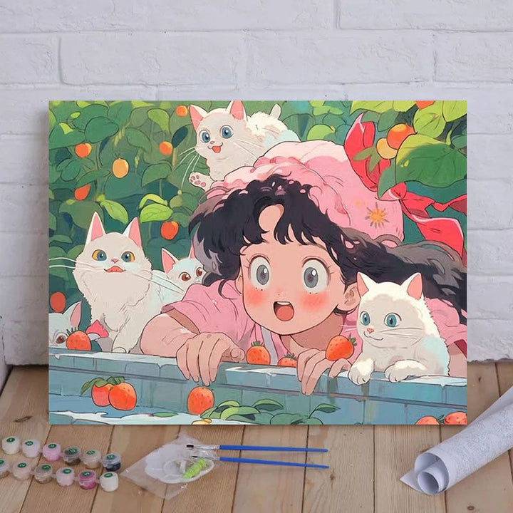Cartoon Cat und Mädchen Themenleinwand Malset nach Zahlen Karnz