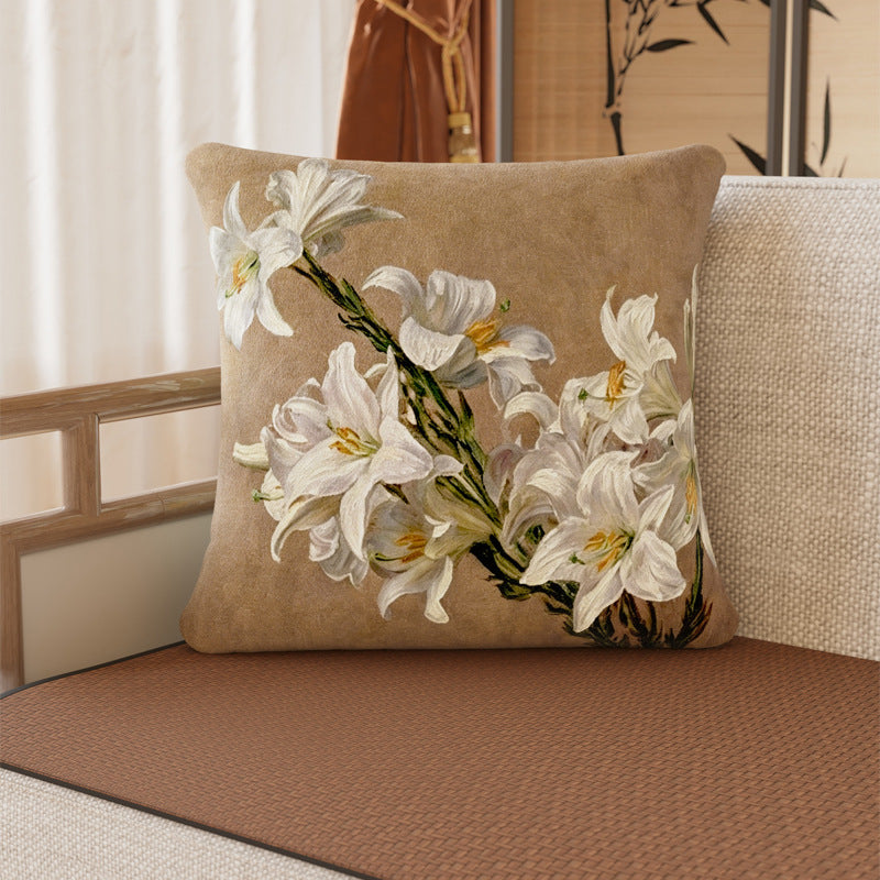 Square Plush Magnolia Botanical Velvet Pillow Cover with Concealed Zipper and Microfiber Backing