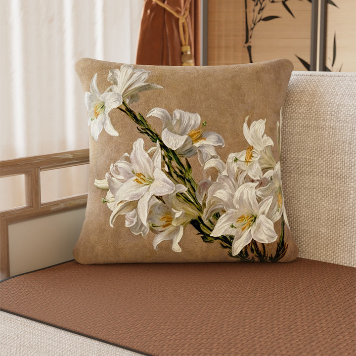 Square Plush Magnolia Botanical Velvet Pillow Cover with Concealed Zipper and Microfiber Backing