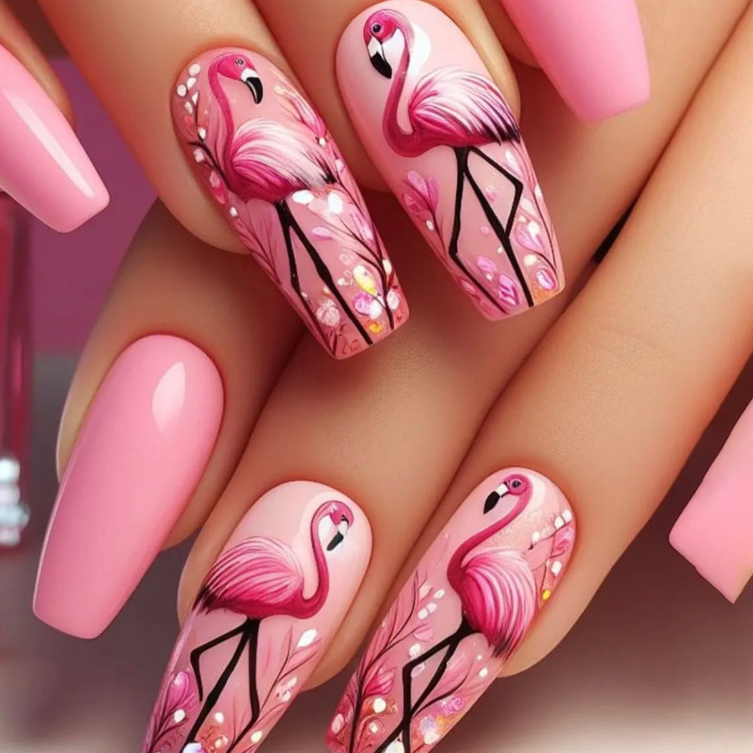 Künstlerische Flamingo Acryl Nagelkunst Verlängerungen Karnz