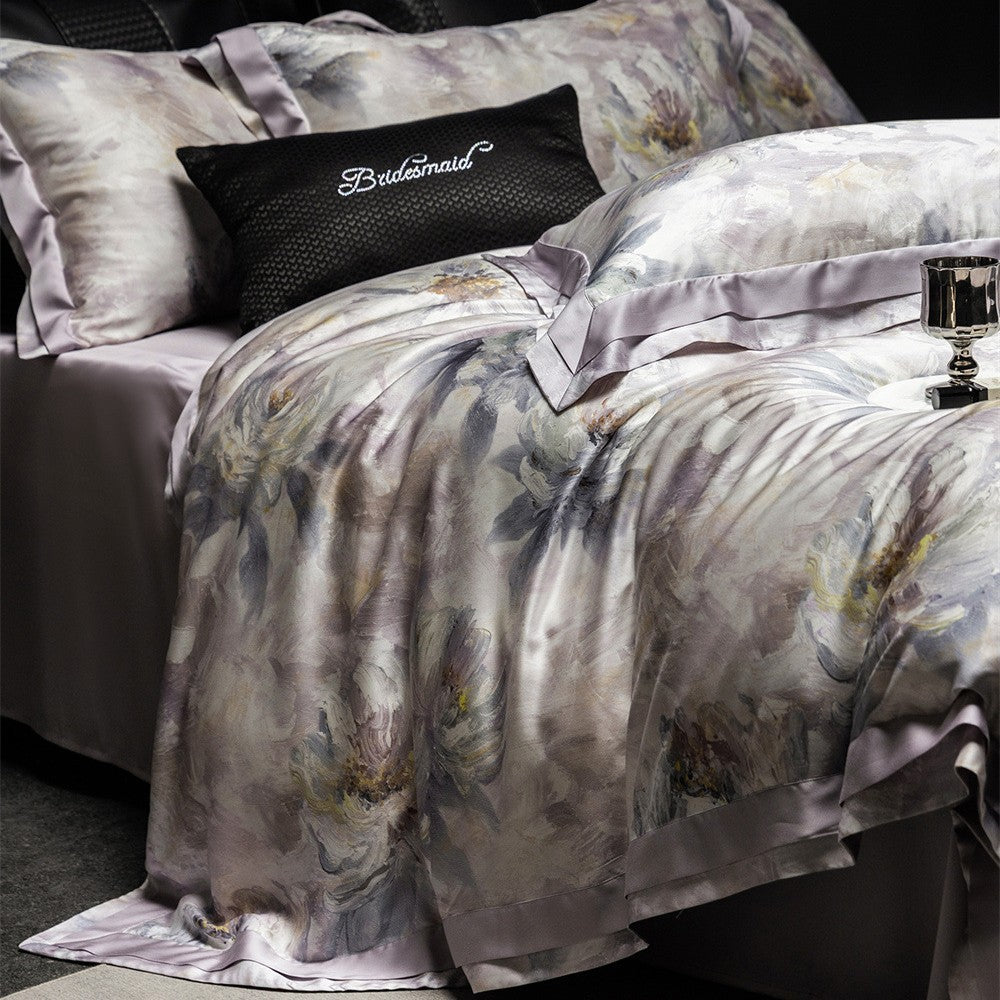 Luxuriöses Satin-Bettwäsche-Set mit floraler Aquarelloptik und Satinbordüre