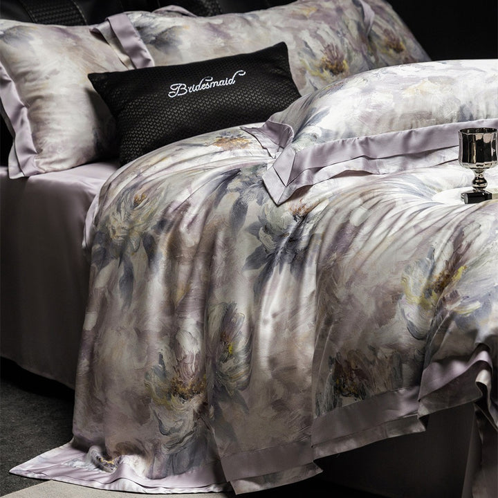 Luxuriöses Satin-Bettwäsche-Set mit floraler Aquarelloptik und Satinbordüre