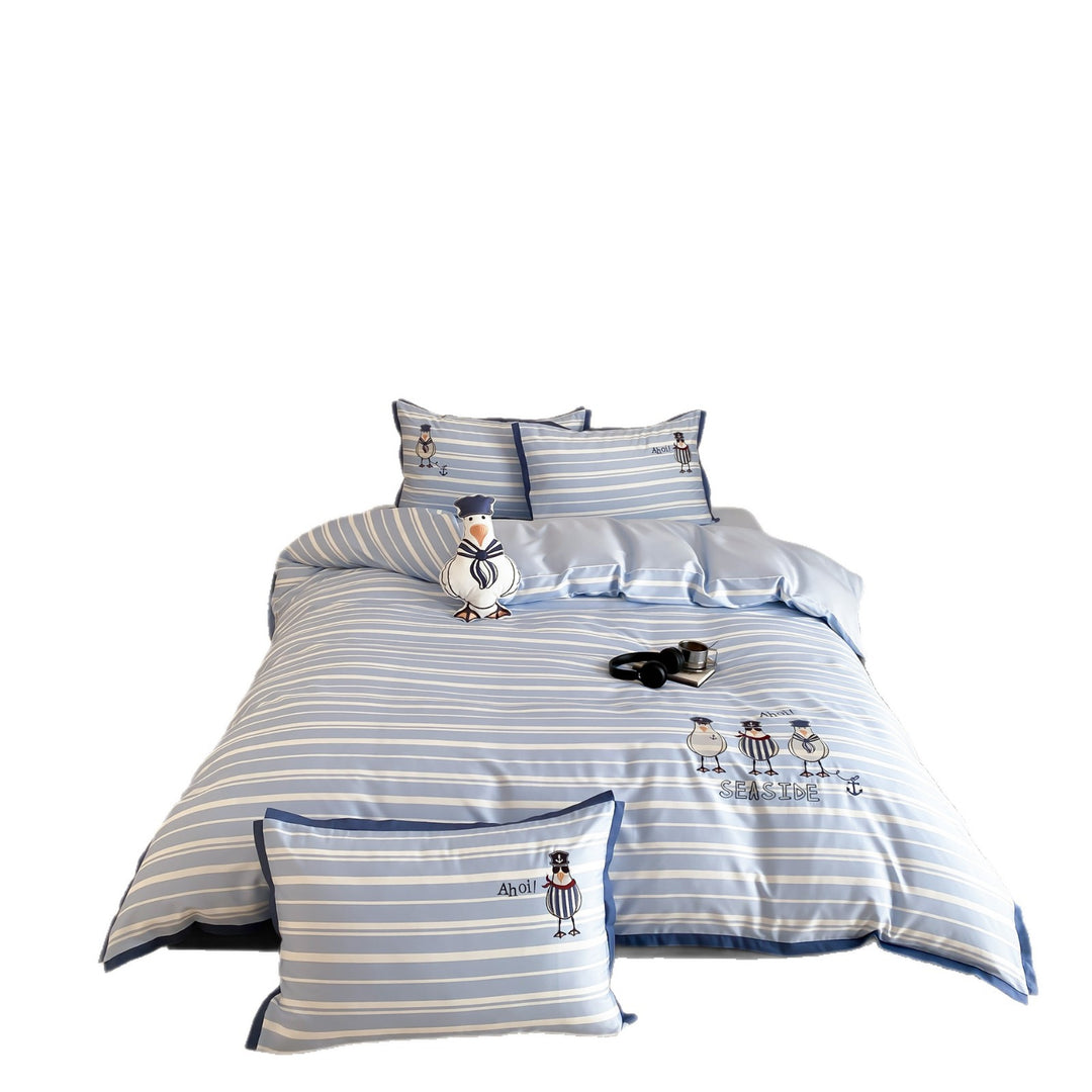 Seaside Stripe Baumwollsatin Bettbezug Set mit bestickten Möwe Kissenbezügen