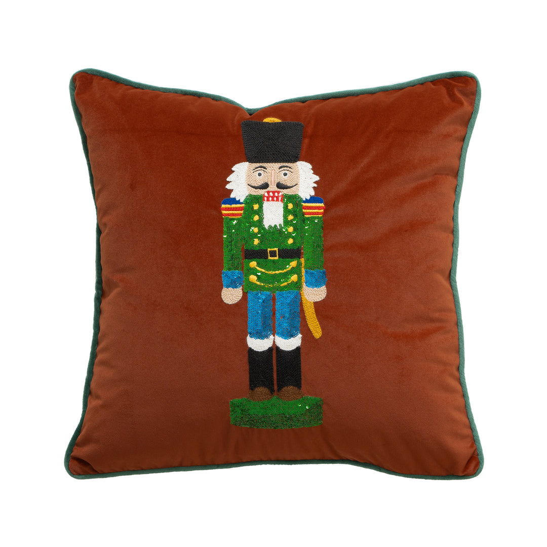 Weihnachtliches Dekokissen mit Nussknacker-Stickerei und Paspelrand