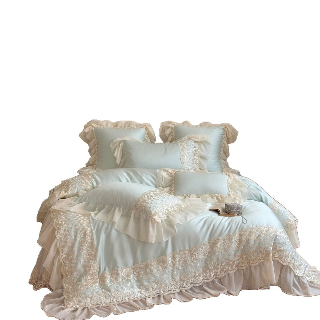 Verziertes Rüschendecor-Duvetbezug-Set mit besticktem floralen Applikationen und transparenter Rüschendecke