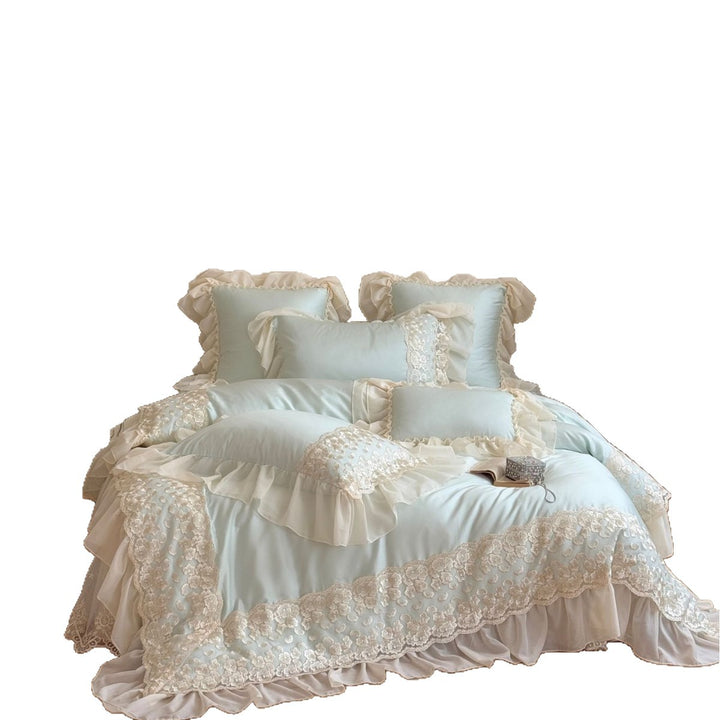 Verziertes Rüschendecor-Duvetbezug-Set mit besticktem floralen Applikationen und transparenter Rüschendecke