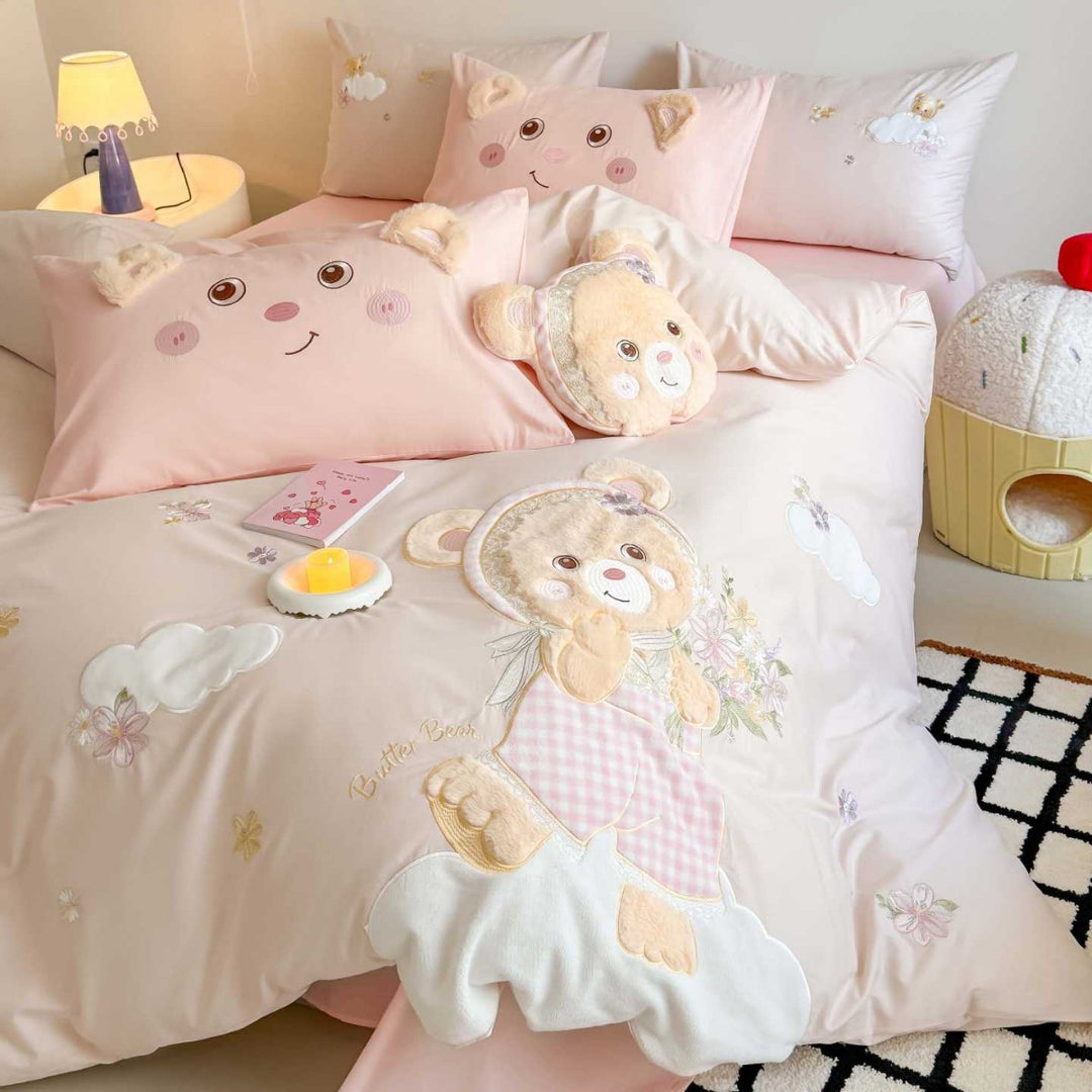 Teddy Applikation Baumwoll-Satin Bettbezug Set mit Plüsch Ohren Kissenbezügen