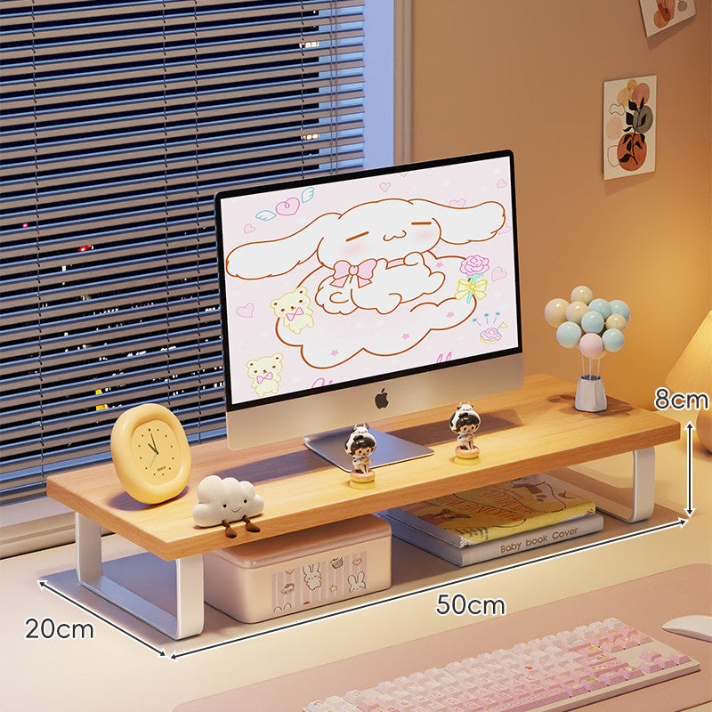 Kompakte Holz-Desktop-Monitorerhöhung mit Metallbeinen und unterer Ablagefläche