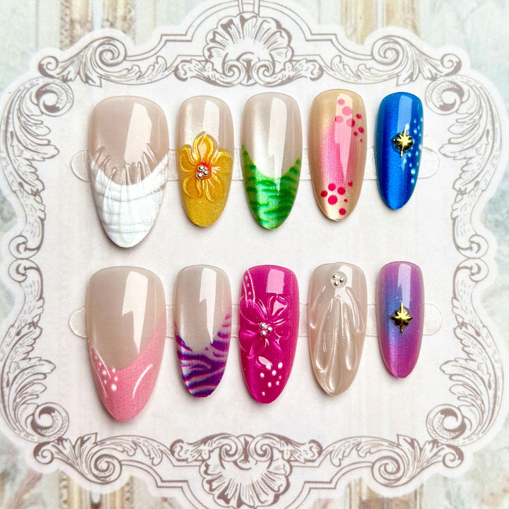 Künstlerisches Press-On Nagelset mit lebhaften Designs
