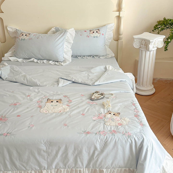Romantisches Baumwoll-Bettwäsche-Set mit Rüschen und bestickten Katzenmotiven
