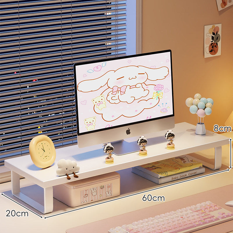 Kompakte Holz-Desktop-Monitorerhöhung mit Metallbeinen und unterer Ablagefläche