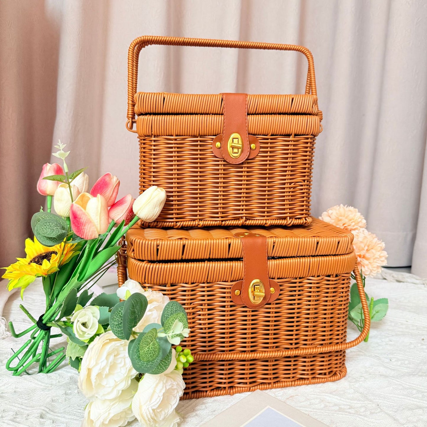Damen Handgefertigter Rattan Picknickkorb Karnz