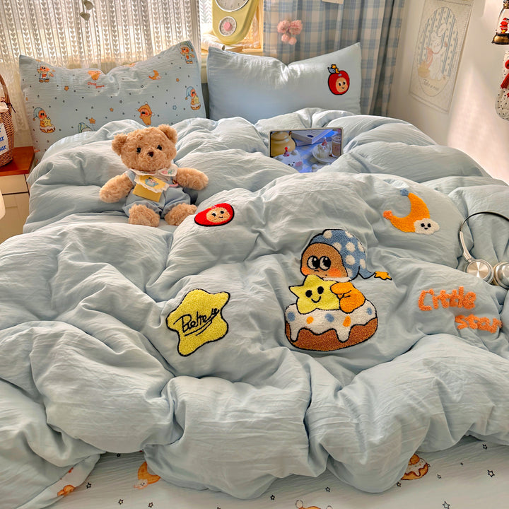 Bestickte Cartoon-Applikation Baumwoll Bettdeckenbezug Set mit weichem Percale und Kissenbezügen